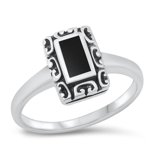 Black Onyx Polished Rectangle Simple Ring .925 Sterling Silver Band Sizes 4-10