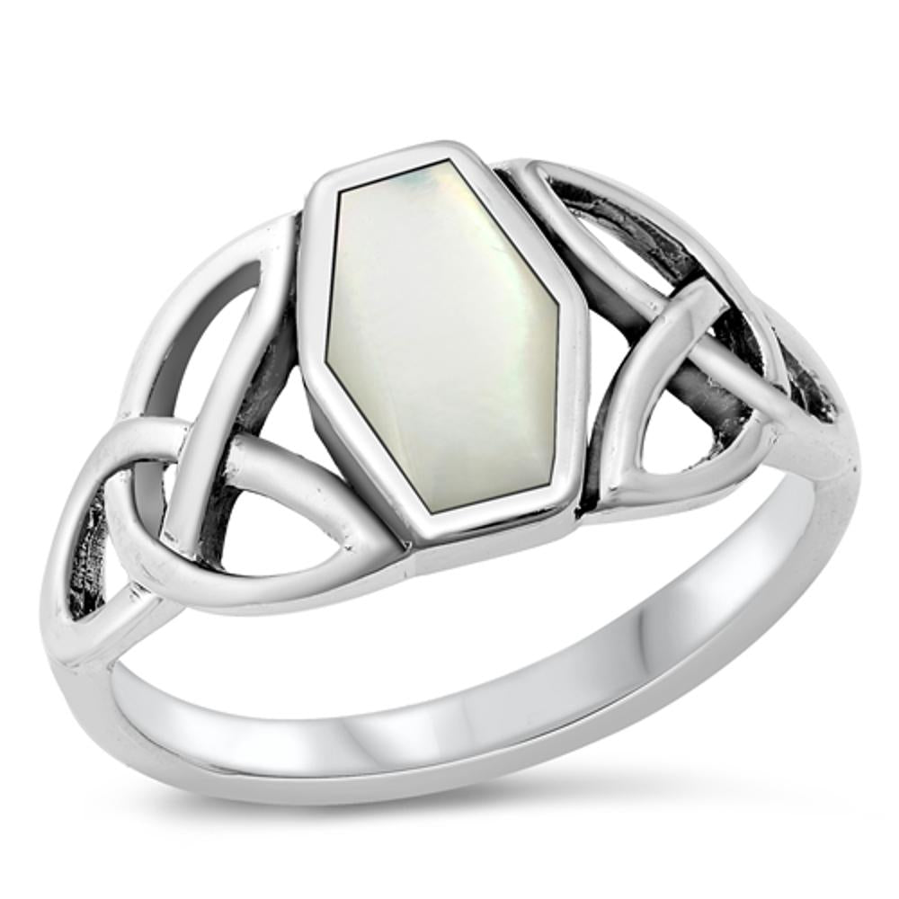 Mother of Pearl Triquetra Celtic Polished Ring Sterling Silver Band Sizes 5-9