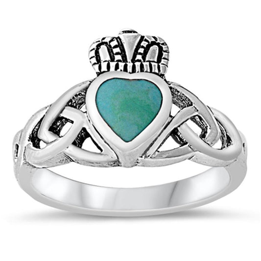 Turquoise Celtic Claddagh Criss Cross Ring .925 Sterling Silver Band Sizes 5-10