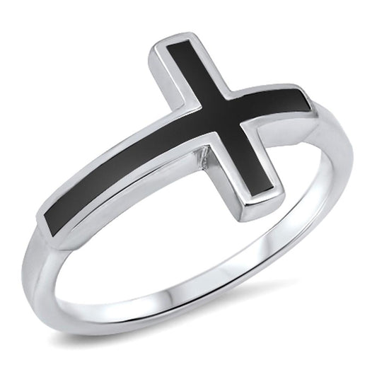 Cross Black Onyx Polished Christian Ring New 925 Sterling Silver Band Sizes 5-10