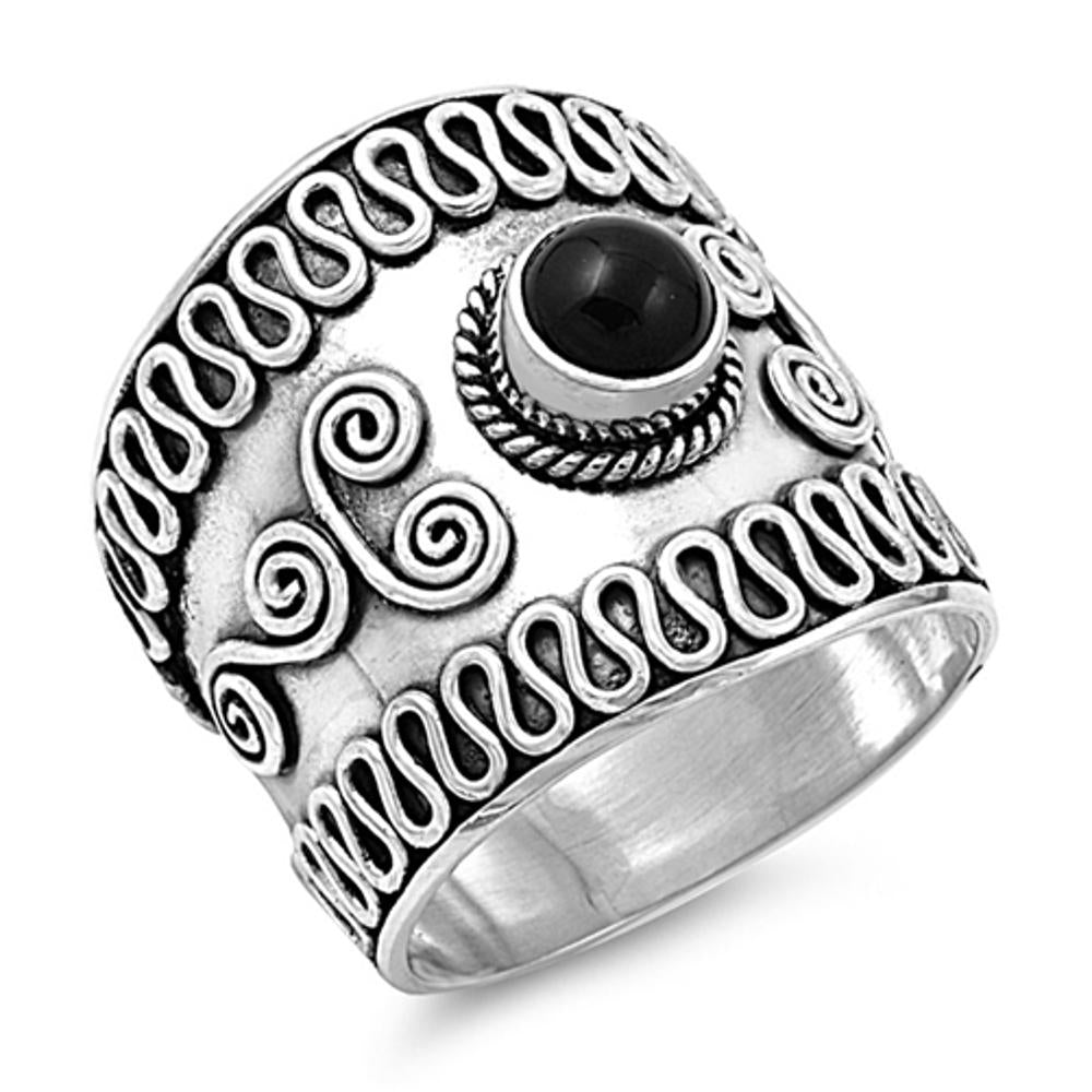 Sterling Silver Woman's Bali Black Onyx Ring Fashion Band 20mm Sizes 6-12