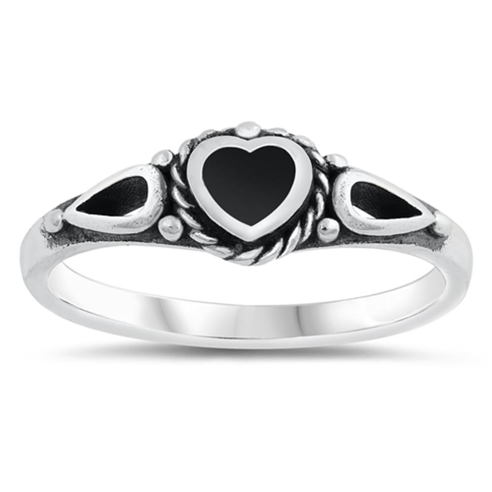 Heart Black Onyx Promise Ring New .925 Sterling Silver Band Sizes 5-10