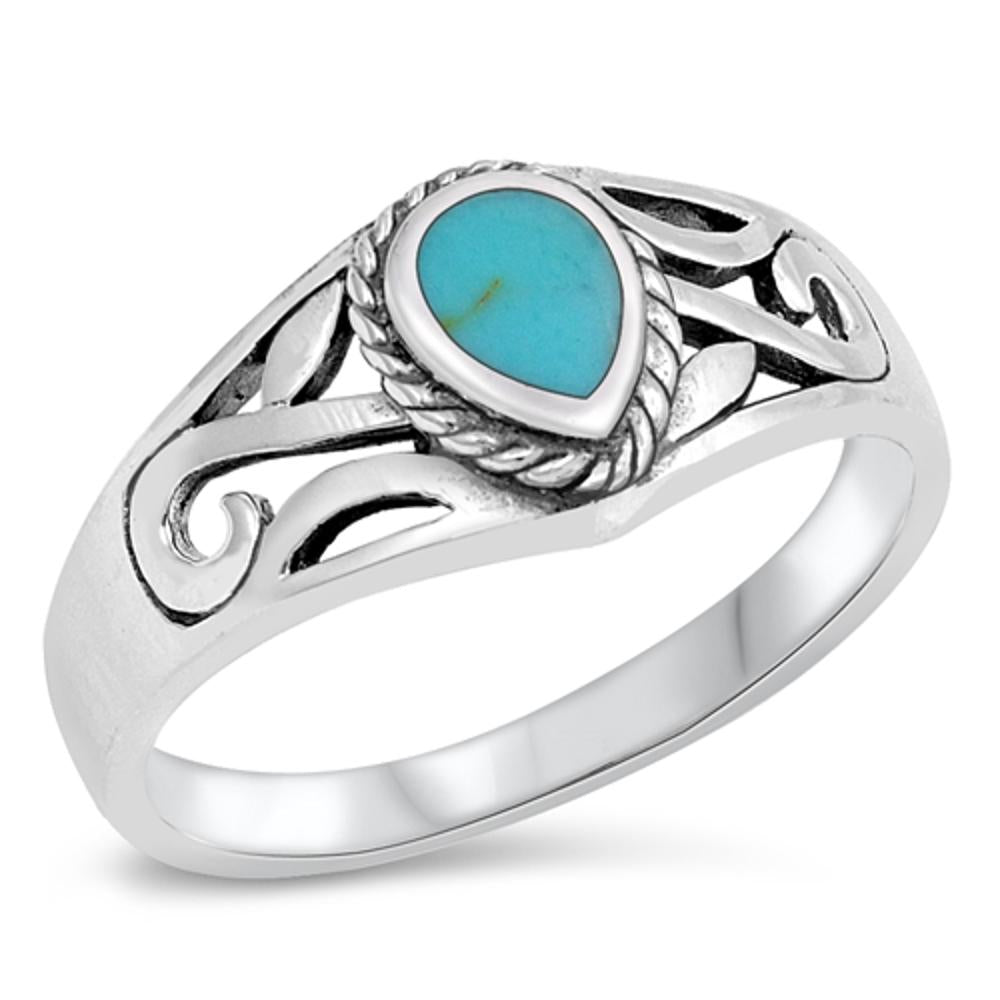 Turquoise Teardrop Cutout Ring New .925 Sterling Silver Band Sizes 5-10