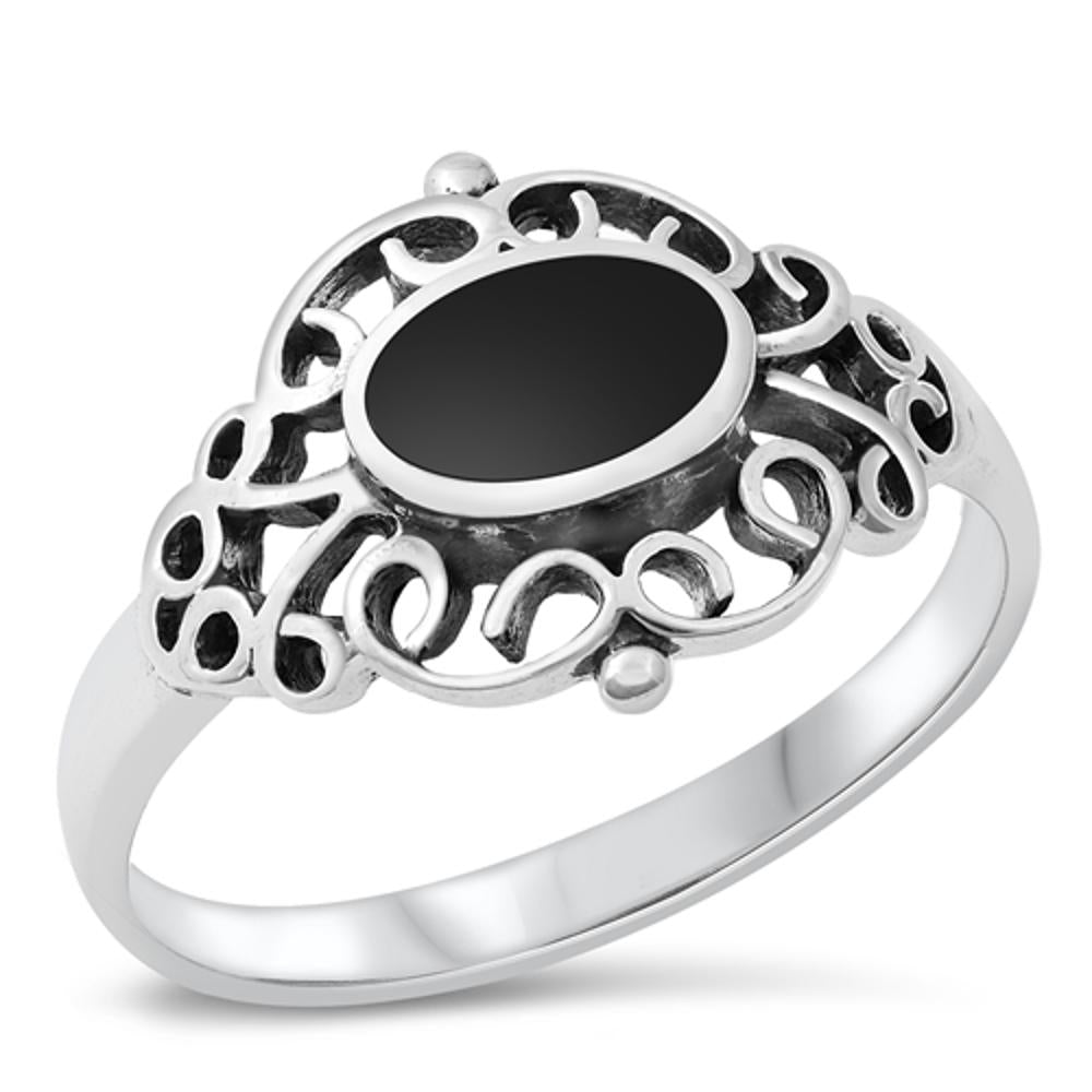 Black Onyx Oval Filigree Cutout Ring New .925 Sterling Silver Band Sizes 5-10