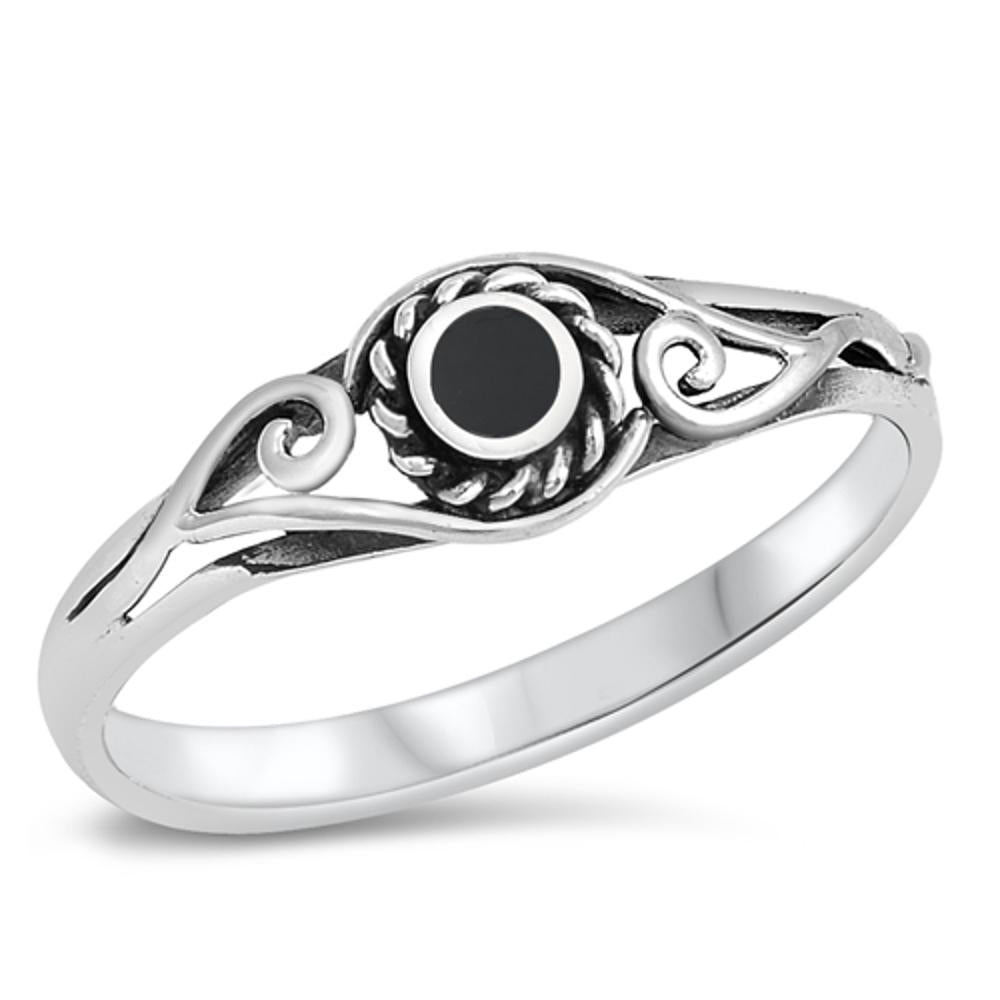 Sterling Silver Bali Swirl Rope Halo Black Onyx Ring Festival Fashion Sizes 4-10