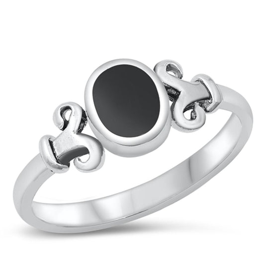 Black Onyx Solitaire Fleur De Lis Ring New .925 Sterling Silver Band Sizes 5-10