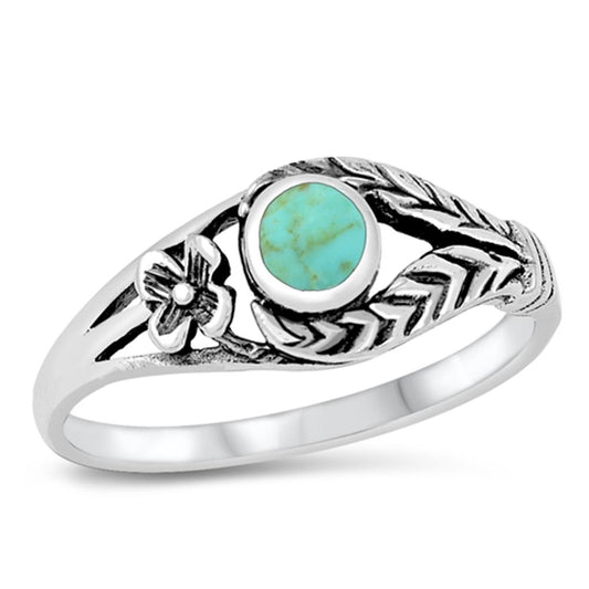 Turquoise Solitaire Leaf Flower Ring New .925 Sterling Silver Band Sizes 4-10