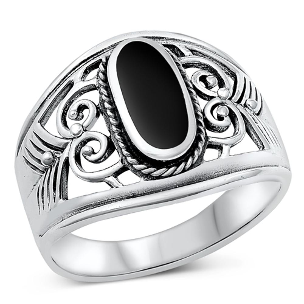 Long Black Onyx Filigree Cutout Ring New .925 Sterling Silver Band Sizes 5-12