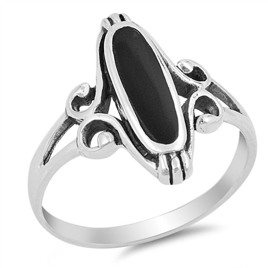 Long Black Onyx Solitaire Ring New .925 Sterling Silver Band Sizes 5-12