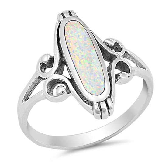 Long Wide Filigree Swirl White Lab Opal Oval Ring .925 Sterling Silver Celtic Band Sizes 4-10