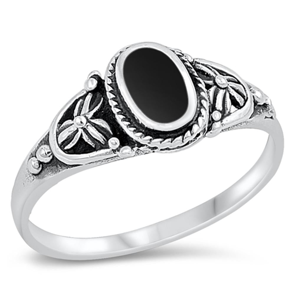 Black Onyx Solitaire Bali Rope Flower Ring .925 Sterling Silver Band Sizes 5-10