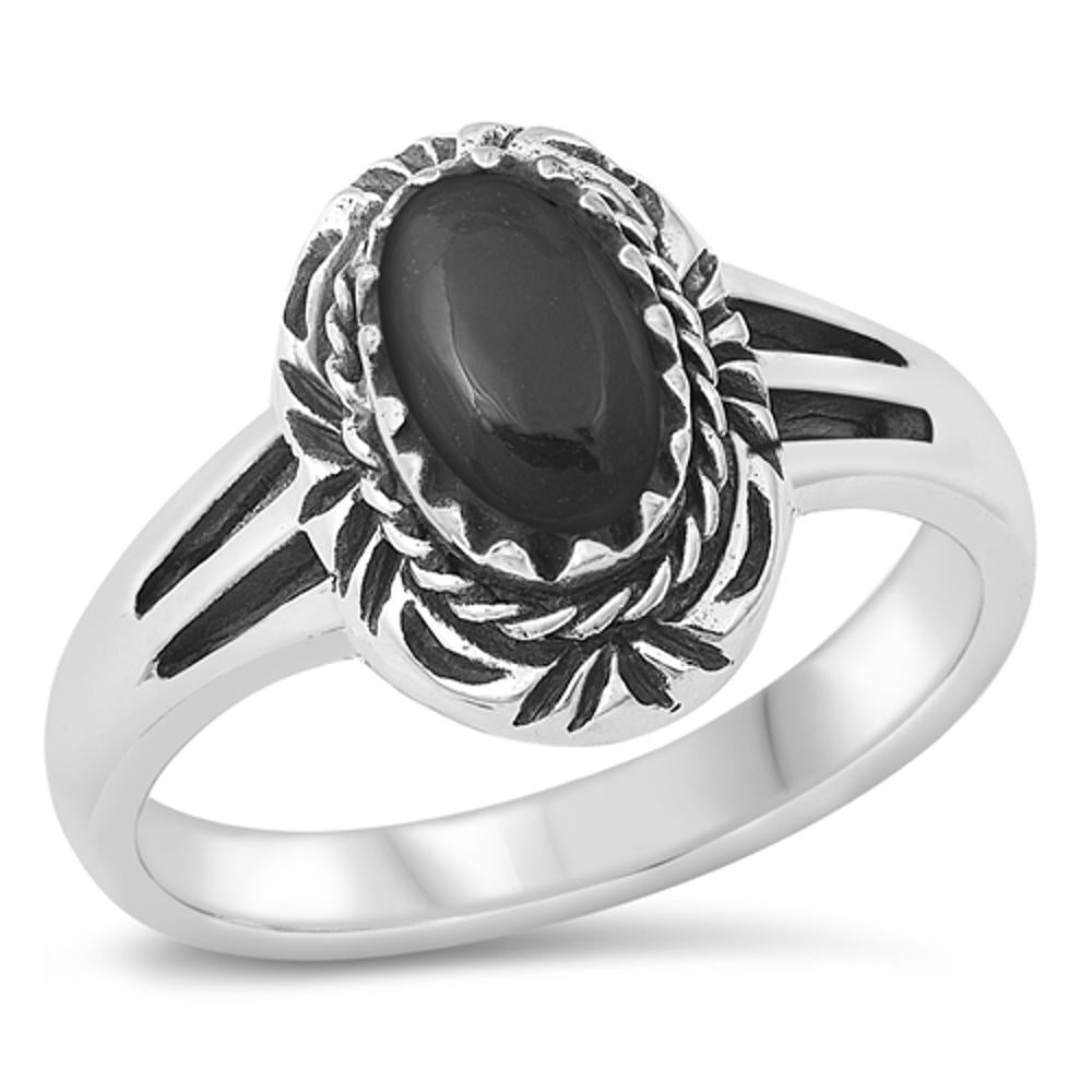 Oval Black Onyx Rope Design Ring New .925 Sterling Silver Band Sizes 5-10