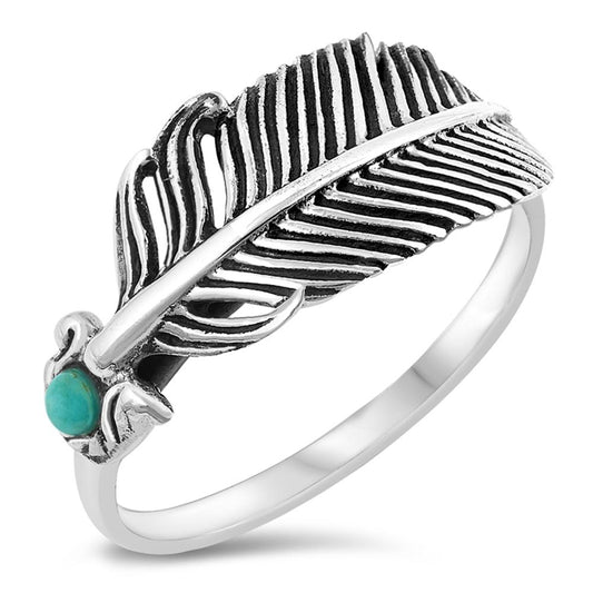 Turquoise Feather Leaf Antiqued Boho Ring Sterling Silver Midi Band Sizes 5-10