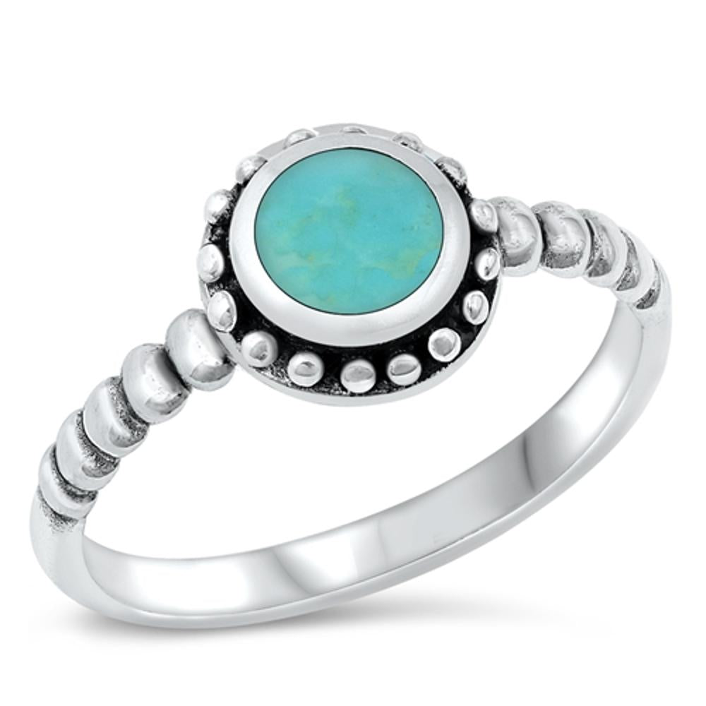 Round Bali Boho Turquoise Classic Ring New .925 Sterling Silver Band Sizes 5-10