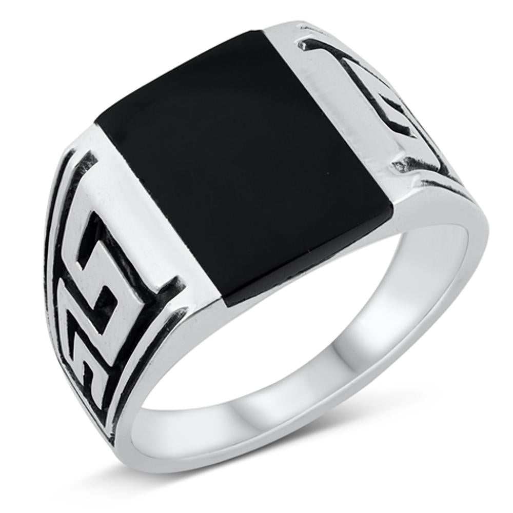 Sterling Silver Black Onyx Greek Key Ring