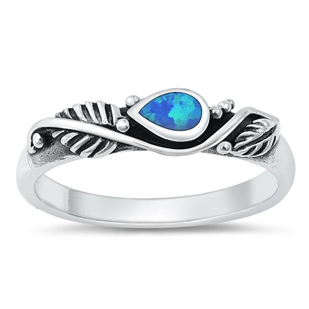 Sterling Silver Blue Lab Opal Feather Ring