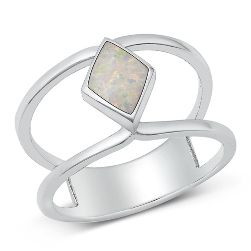 Sterling Silver White Lab Opal Double Band Ring