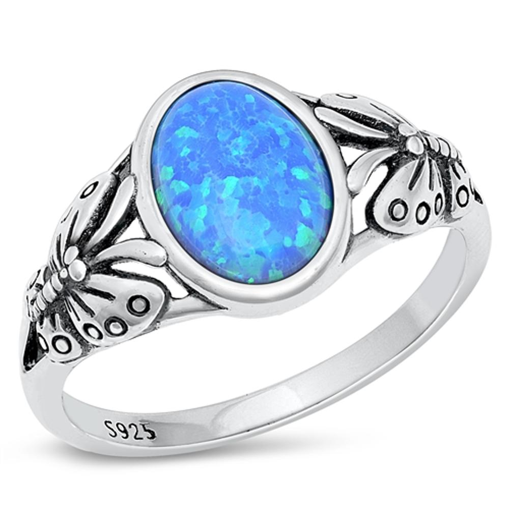 Sterling Silver Butterfly Blue Lab Opal Ring