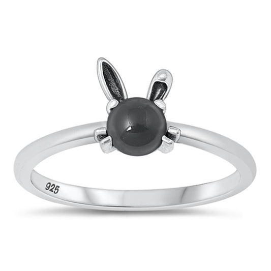 Sterling Silver Black Agate Bunny Rabbit Ring