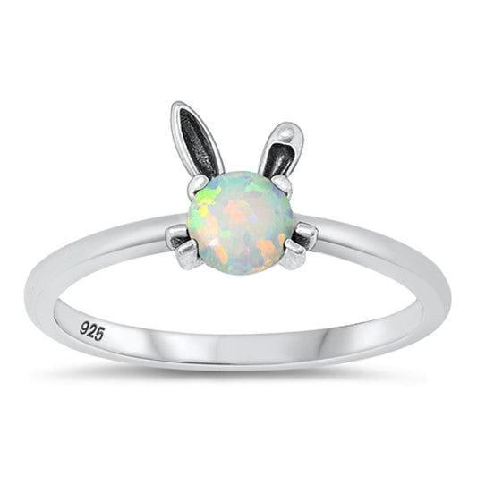 Sterling Silver White Lab Opal Bunny Rabbit Ring