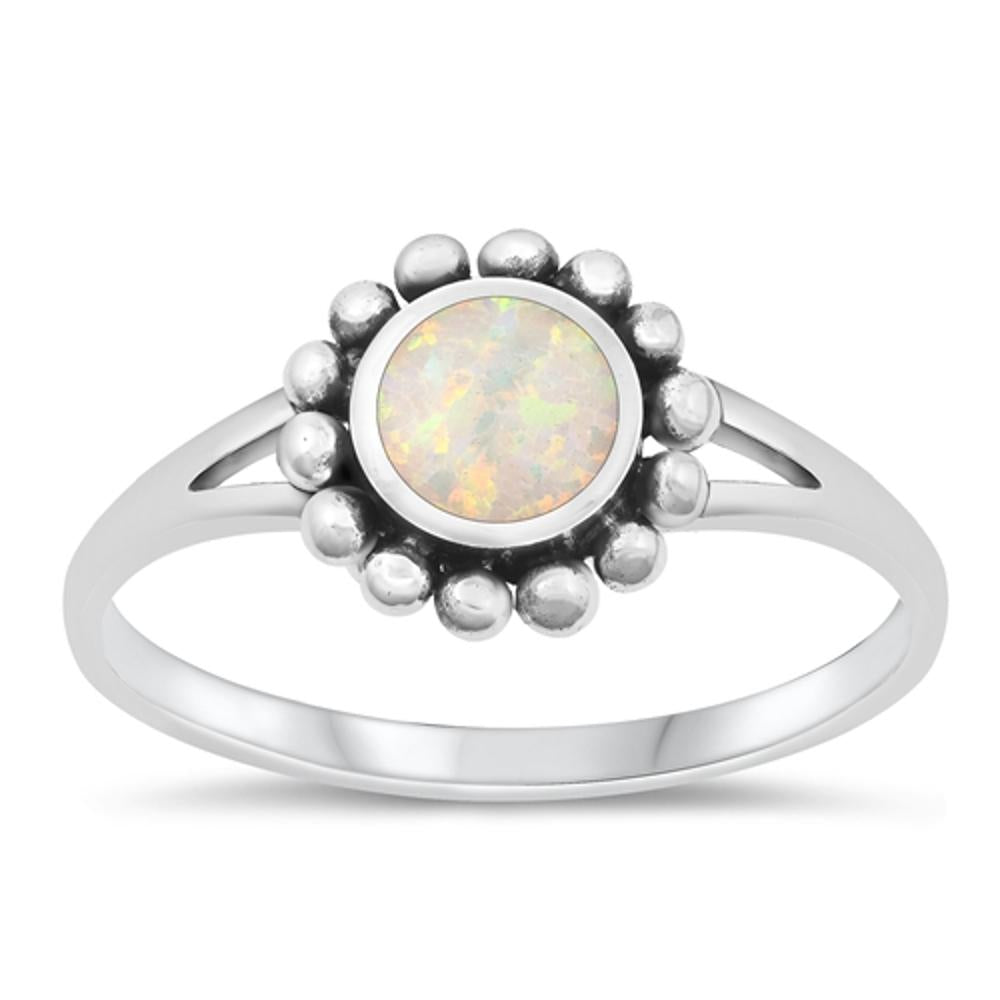 Sterling Silver White Lab Opal Sunburst Ring