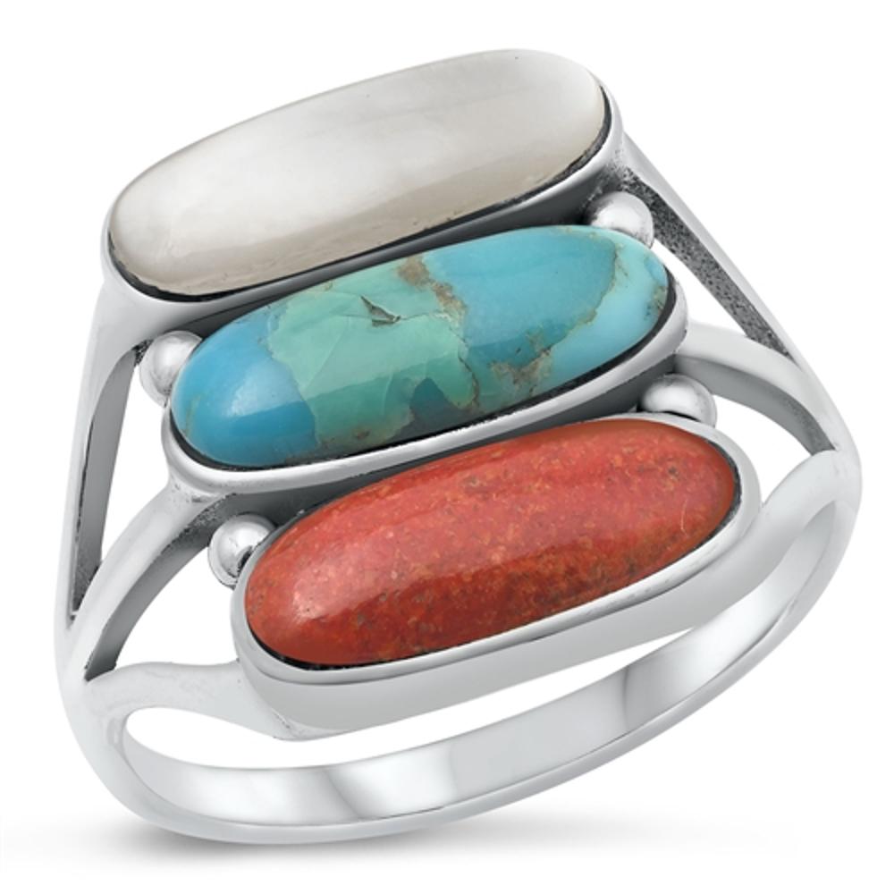 Sterling Silver Coral White Buffalo Turquoise Moonstone Ring