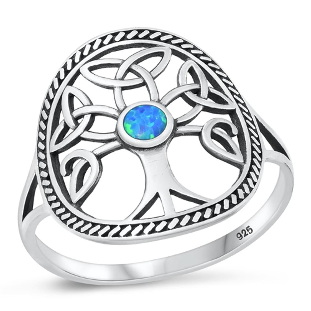 Sterling Silver Blue Lab Opal Celtic Tree of Life Ring