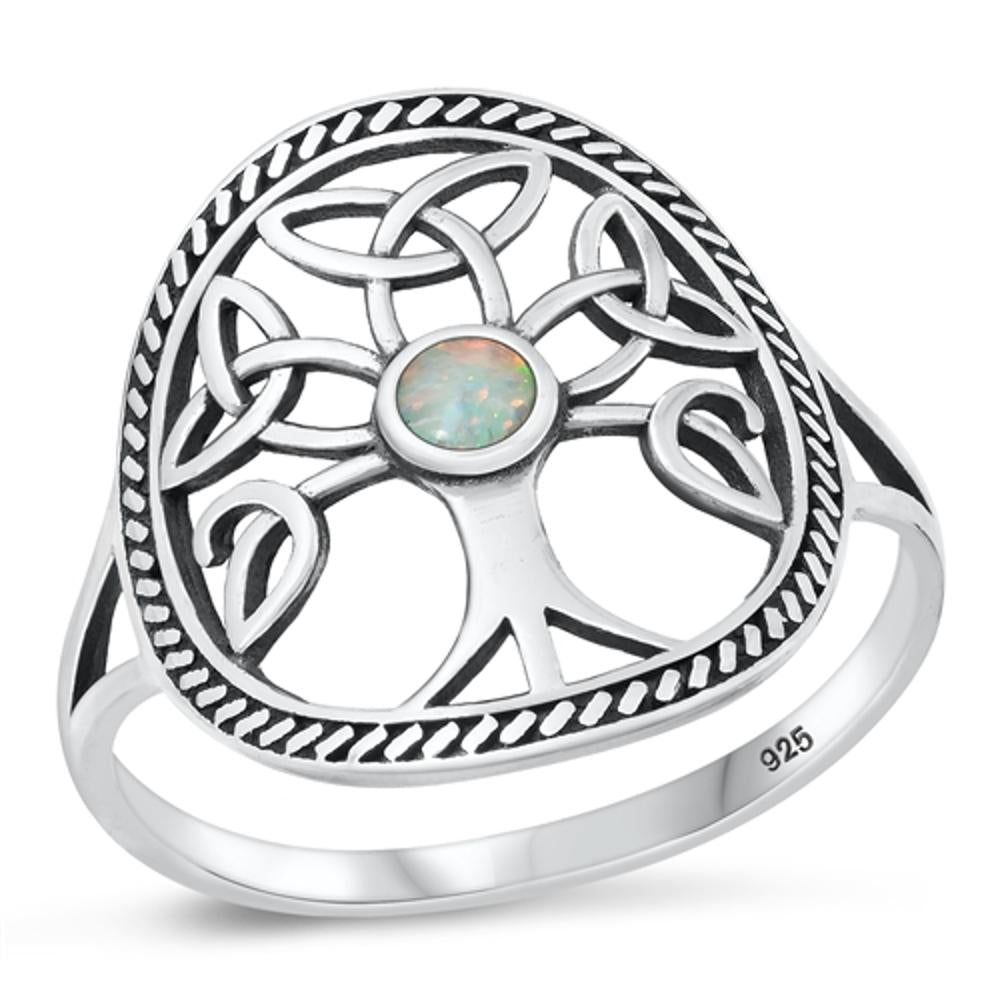 Sterling Silver White Lab Opal Celtic Tree of Life Ring