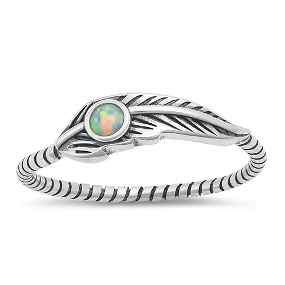 Sterling Silver White Lab Opal Feather Ring