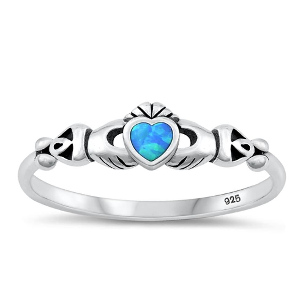 Sterling Silver Blue Lab Opal Celtic Claddagh Ring