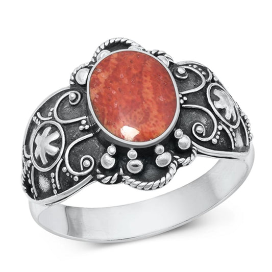 Sterling Silver Coral Bali Ring