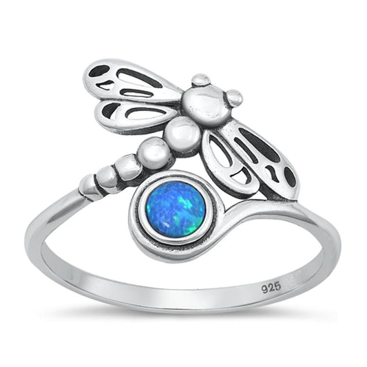 Sterling Silver Blue Lab Opal Dragonfly Ring