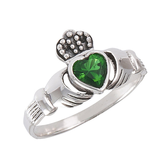 Celtic Hands Emerald CZ Claddagh Ring New .925 Sterling Silver Band Sizes 6-10