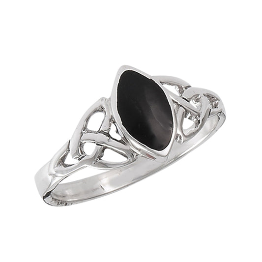 Marquise Black Onyx Celtic Triquetra Knot Ring Sterling Silver Band Sizes 5-9