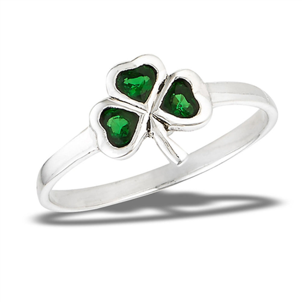 Emerald CZ Lucky Clover Shamrock Ring New .925 Sterling Silver Band Sizes 5-9