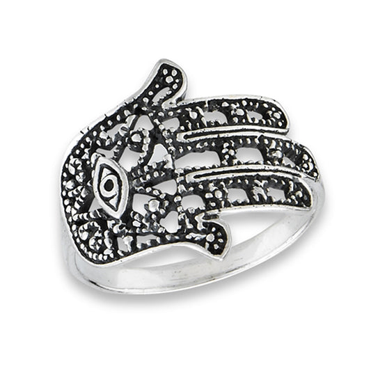 Oxidized Hand of God Evil Eye Hamsa Ring Sterling Silver Filigree Band Sizes 6-9