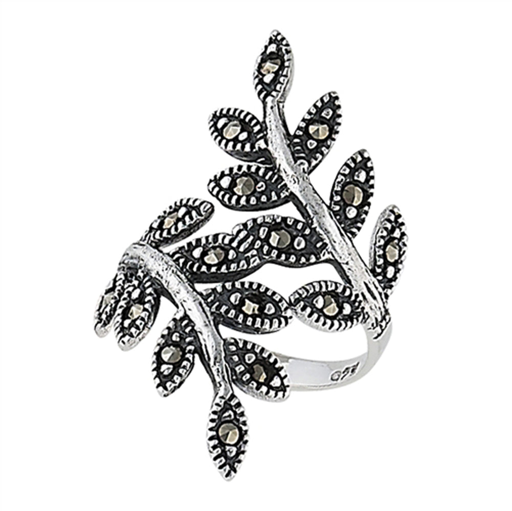 Marcasite Studded Leaf Wrap Spoon Ring New .925 Sterling Silver Band Sizes 7-9