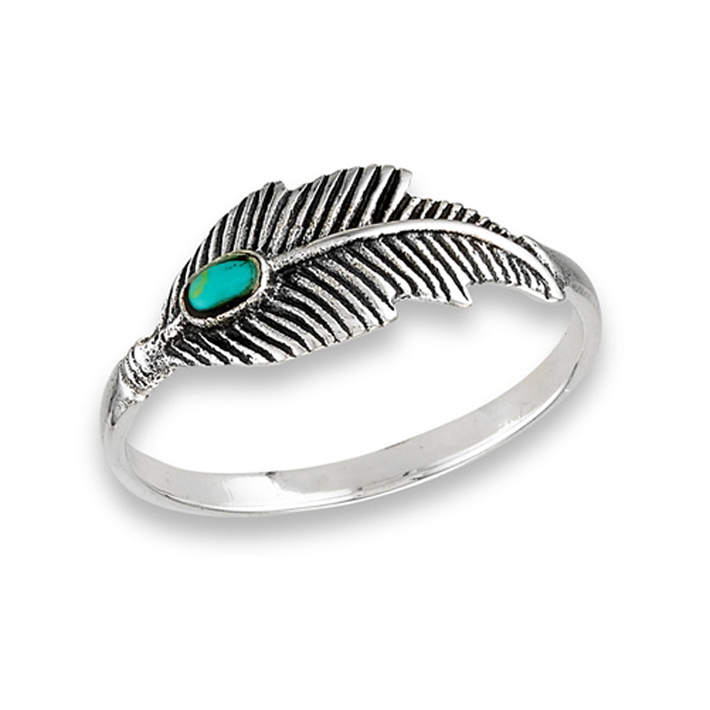 Turquoise Oxidized Feather Ring .925 Sterling Silver Tree Leaf Band Sizes 6-10