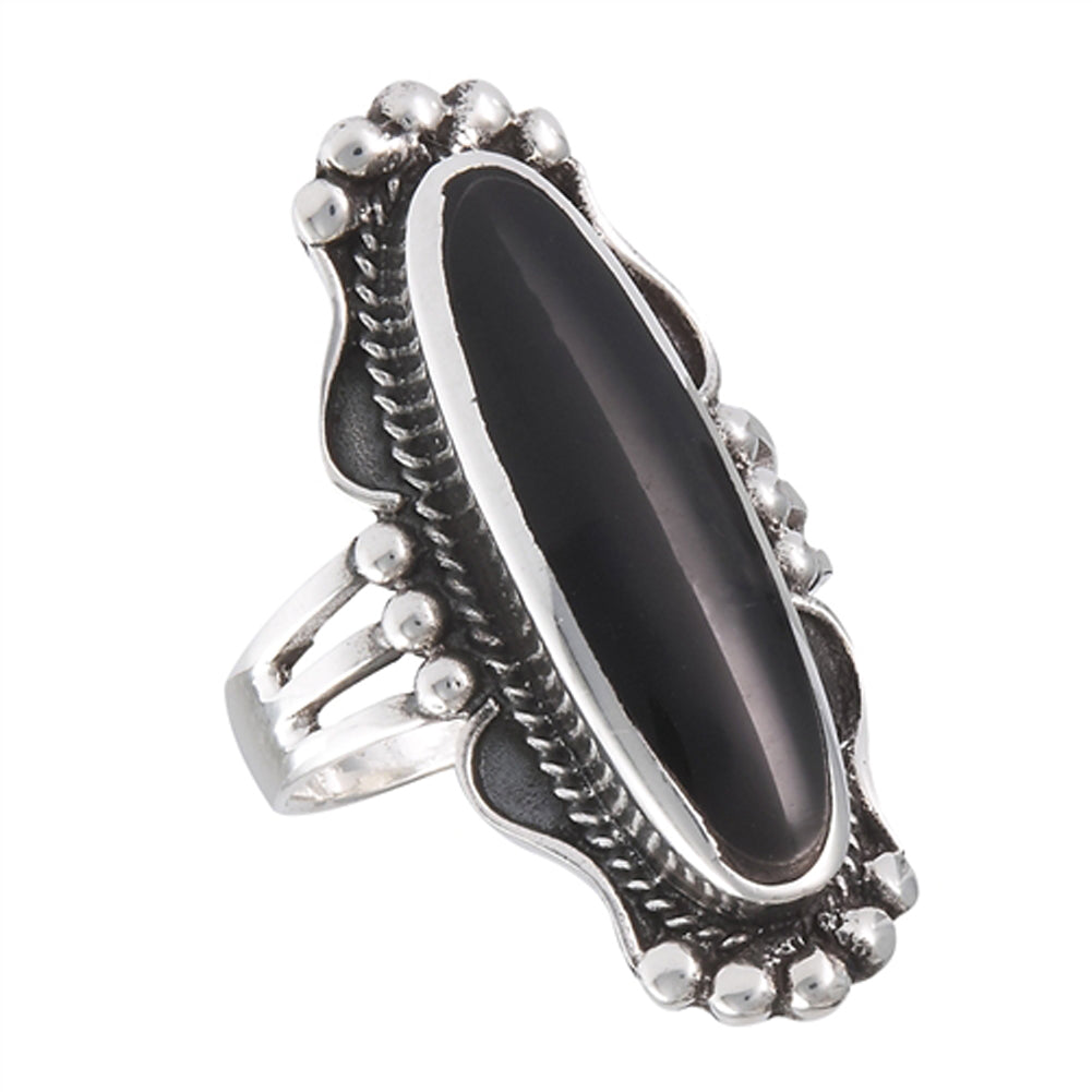 Long Black Onyx Bali Rope Halo Beaded Ring .925 Sterling Silver Band Sizes 6-10