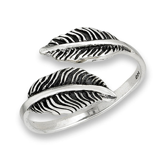 Oxidized Leaf Feather Open Adjustable Ring .925 Sterling Silver Band Sizes 5-9