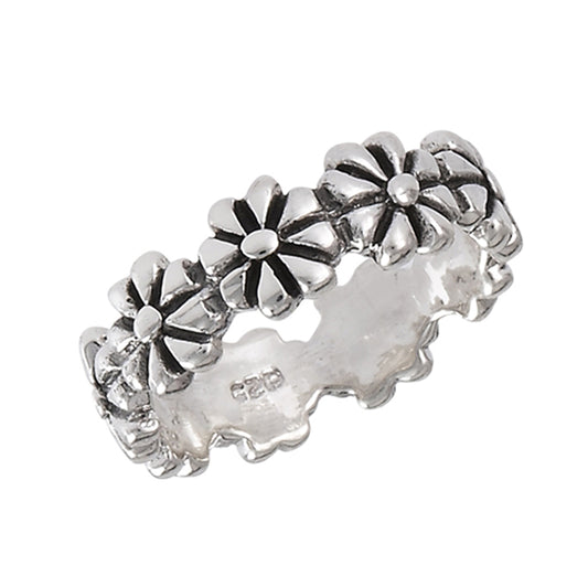 Eternity Oxidized Flower Plumeria Ring New .925 Sterling Silver Band Sizes 3-9