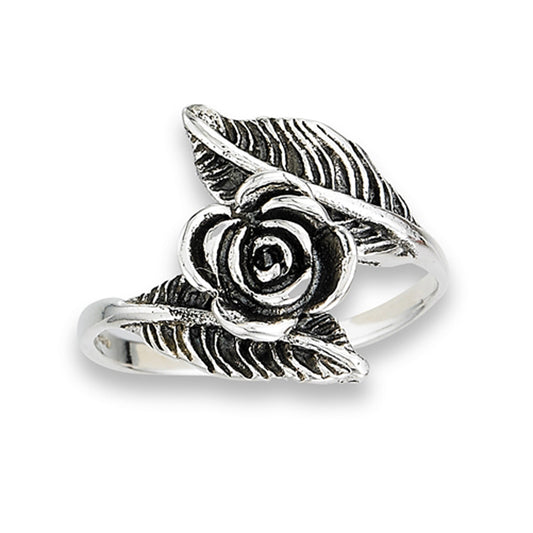 Oxidized Rose Flower Leaf Ring New .925 Sterling Silver Feather Band Sizes 6-9