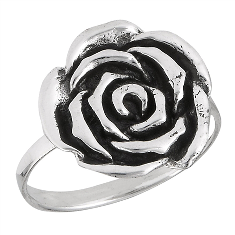 Large Oxidized Rose Flower Beautiful Ring .925 Sterling Silver Band Sizes 4-9