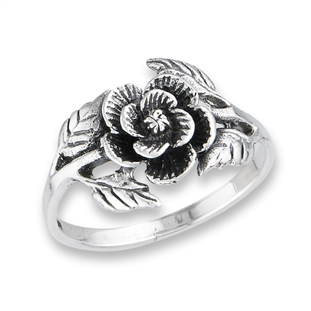 Oxidized Flower Leaf Rose Beautiful Vintage Ring Sterling Silver Band Sizes 6-9