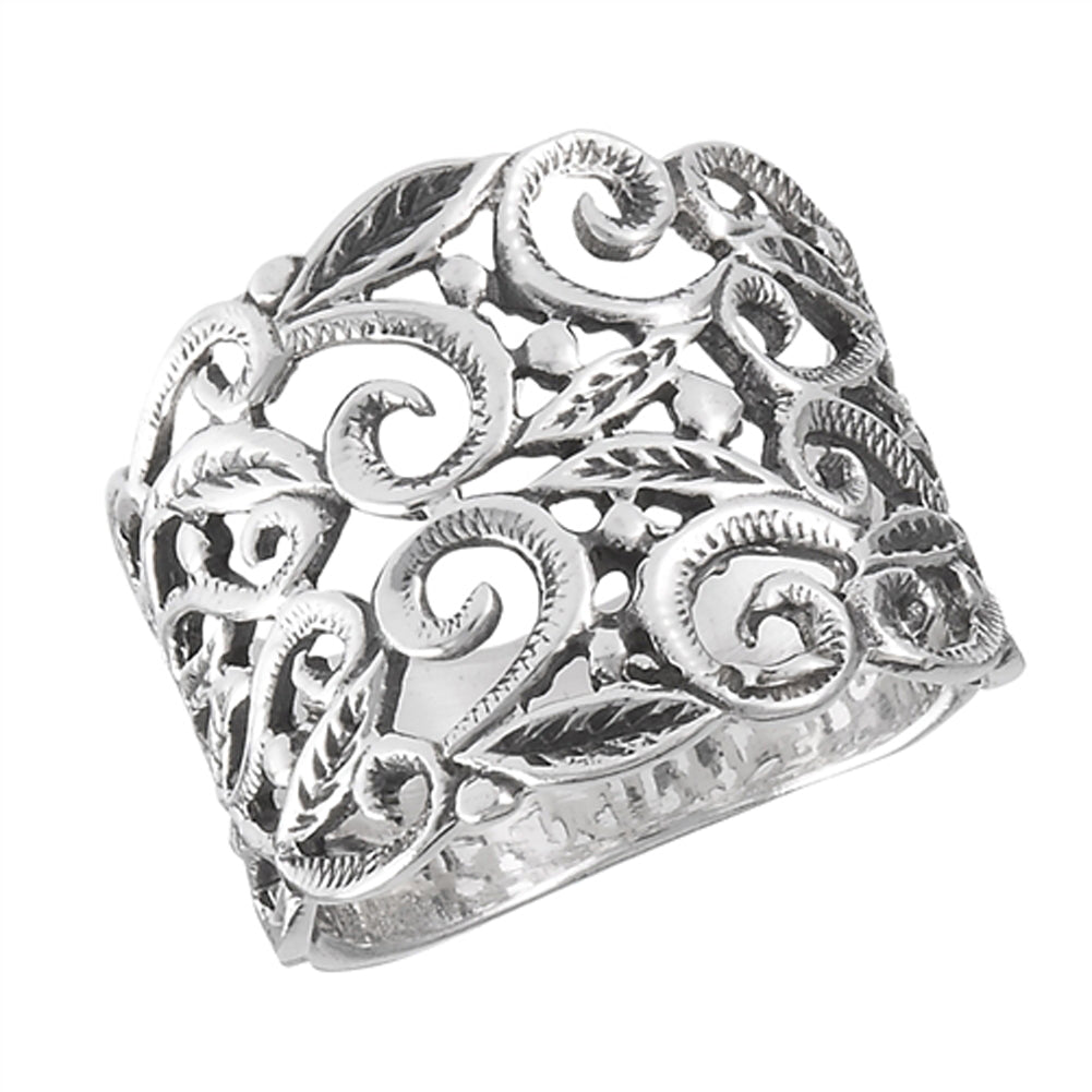 Victorian Filigree Leaf Oxidized Vintage Ring Sterling Silver Band Sizes 7-10