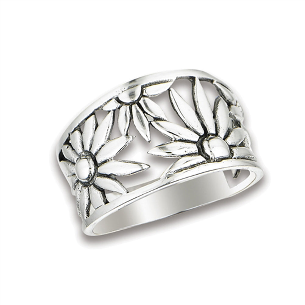 Filigree Sunflower Oxidized Ring New .925 Sterling Silver Flower Band Sizes 7-10