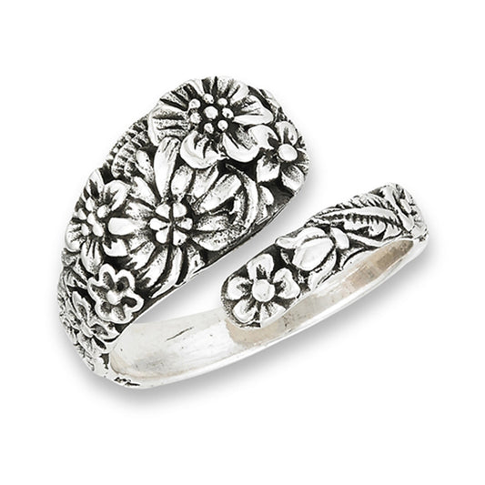 Victorian Flower Open Adjustable Spoon Ring .925 Sterling Silver Band Sizes 6-10