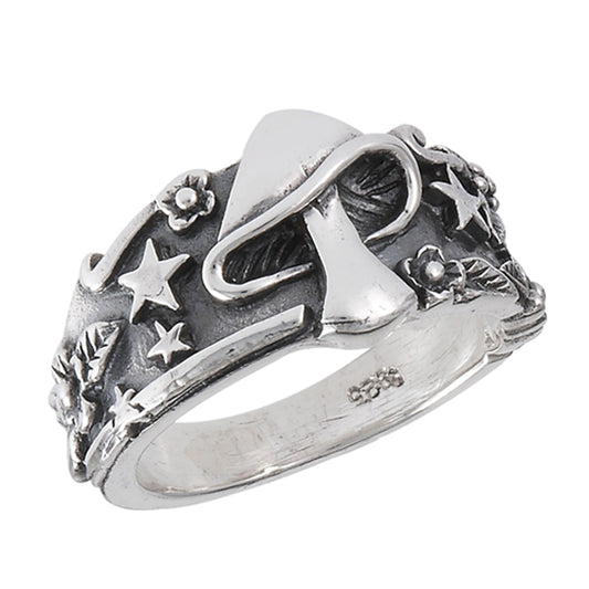 Mushroom Star Leaf Oxidized Ring Sterling Silver Celestial Weed Band Sizes 6-12