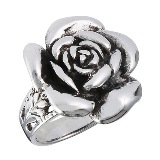 Large Oxidized Rose Flower Ring Sterling Silver Filigree Leaf Band Sizes 7-10