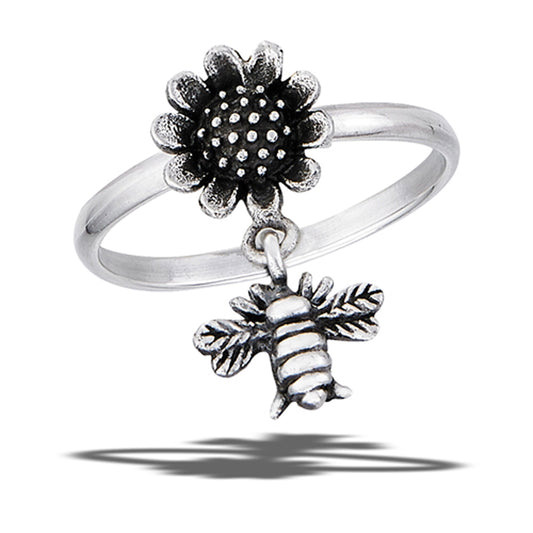 Bumble Honey Bee Dangle Sunflower Ring New .925 Sterling Silver Band Sizes 6-9